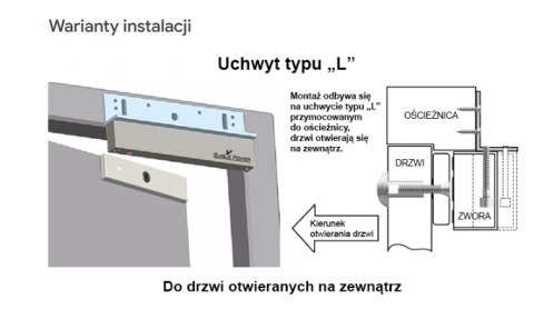 Uchwyt montażowy BR-280L typu "L" do drzwi otwieranych na zewnątrz Uchwyt montażowy BR-280L typu "L" do drzwi otwieranych na zewnątrz