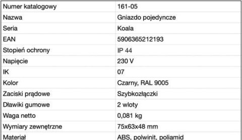 Gniazdo natynkowe pojedyncze z uziemieniem, z klapką VIPLAST KOALA CZARNE IP44 161-05 Gniazdo natynkowe pojedyncze z uziemieniem, z klapką VIPLAST KOALA CZARNE IP44 161-05