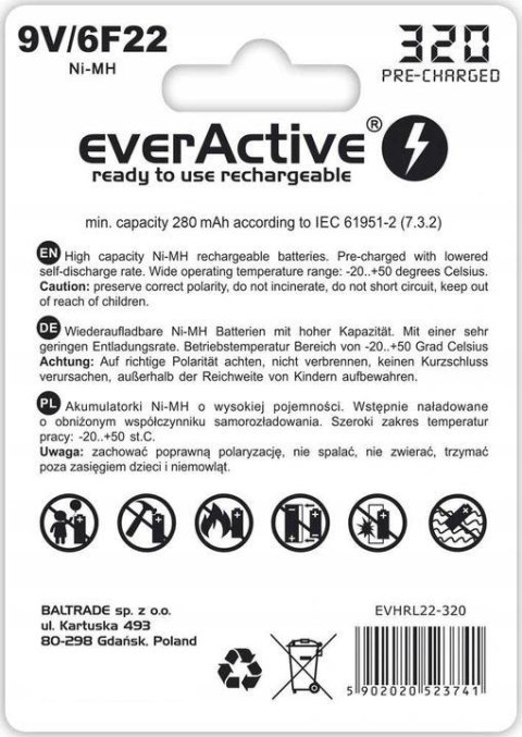 Akumulatorek 6F22 Ni-MH everActive 9V 320mAh Professional Line (1 szt.) Akumulatorek 6F22 Ni-MH everActive 9V 320mAh Professional Line (1 szt.)