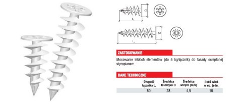 Łącznik wkręt spiralny do styropianu WK-DS050 10szt. Łącznik wkręt spiralny do styropianu WK-DS050 10szt.